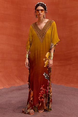 Mustard Viscose Crepe Hand Embroidered Saira Kaftan by Kalista