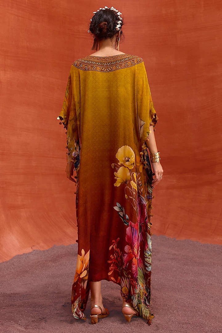 Mustard Viscose Crepe Hand Embroidered Saira Kaftan by Kalista at Pernia's Pop Up Shop