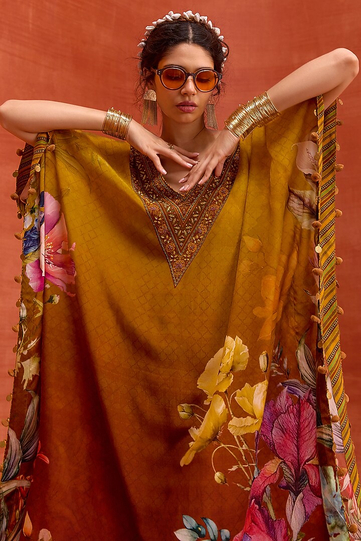 Mustard Viscose Crepe Hand Embroidered Saira Kaftan by Kalista at Pernia's Pop Up Shop