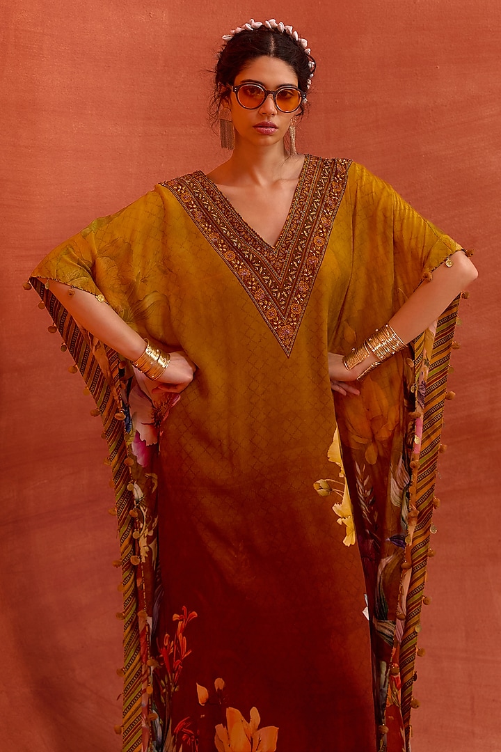 Mustard Viscose Crepe Hand Embroidered Saira Kaftan by Kalista at Pernia's Pop Up Shop