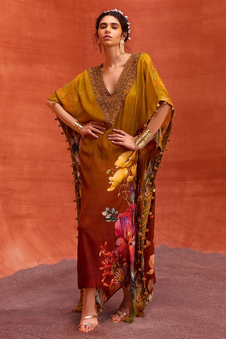 Mustard Viscose Crepe Hand Embroidered Saira Kaftan by Kalista at Pernia's Pop Up Shop