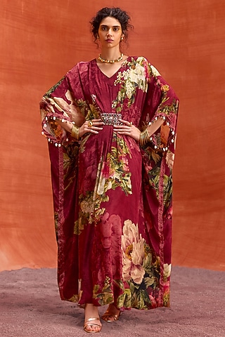 Wine Viscose Crepe Floral Printed Melinda Kaftan by Kalista