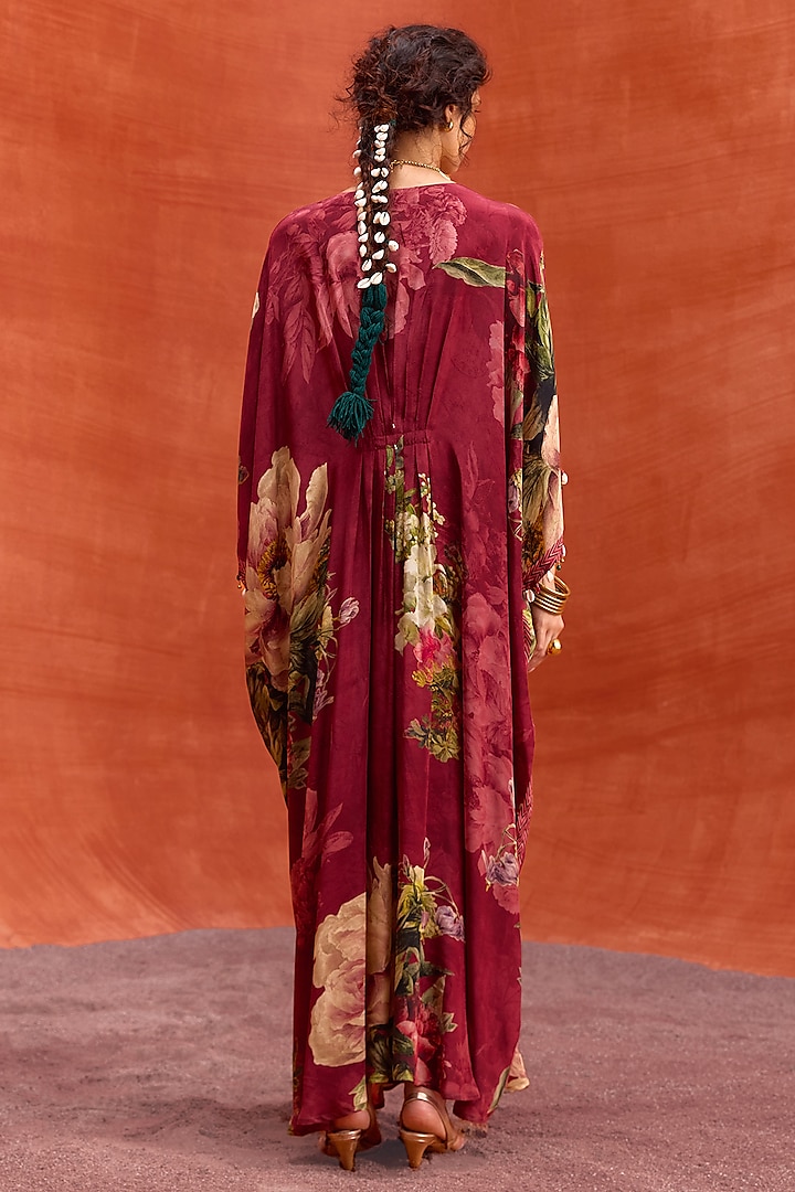 Wine Viscose Crepe Floral Printed Melinda Kaftan by Kalista at Pernia's Pop Up Shop