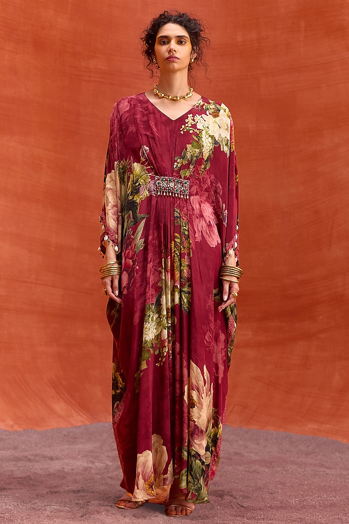 Wine Viscose Crepe Floral Printed Melinda Kaftan by Kalista at Pernia's Pop Up Shop