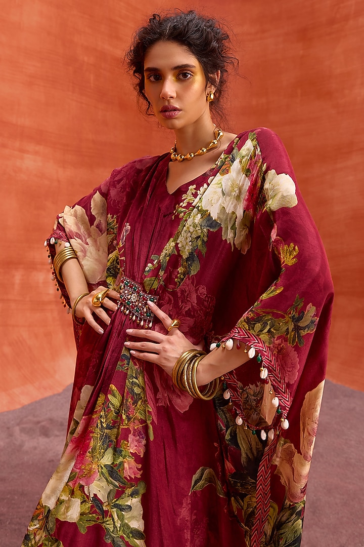 Wine Viscose Crepe Floral Printed Melinda Kaftan by Kalista at Pernia's Pop Up Shop