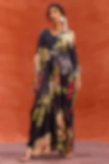 Black Viscose Crepe Floral Printed Melinda Kaftan by Kalista at Pernia's Pop Up Shop