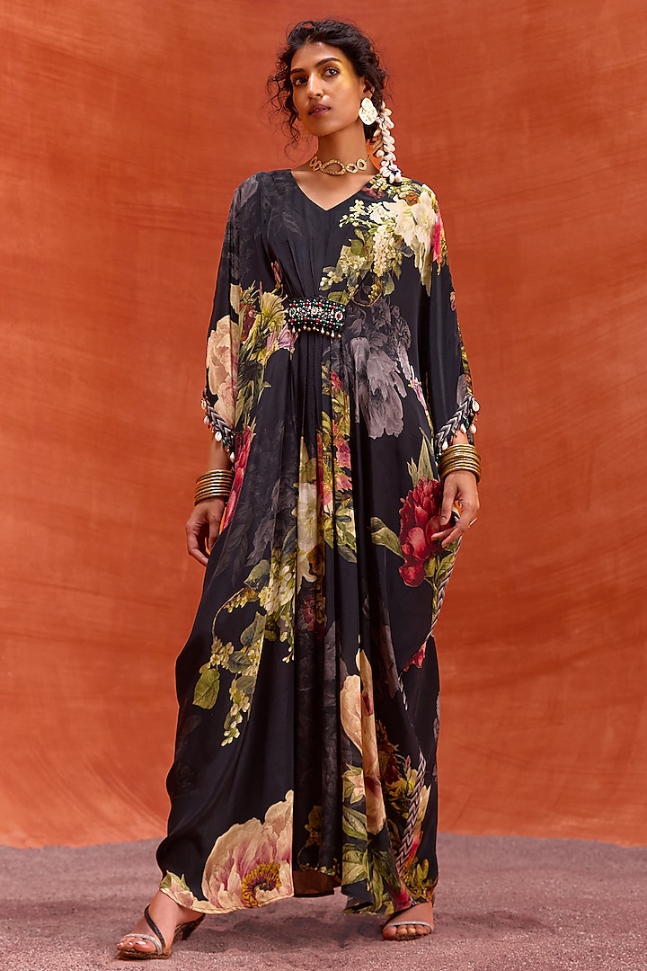 Black Viscose Crepe Floral Printed Melinda Kaftan by Kalista at Pernia's Pop Up Shop