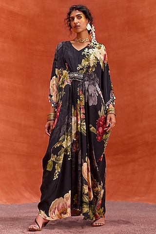 Black Viscose Crepe Floral Printed Melinda Kaftan by Kalista