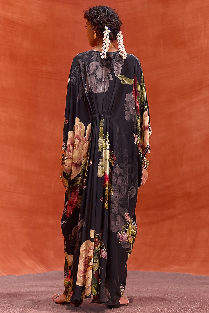 Black Viscose Crepe Floral Printed Melinda Kaftan by Kalista at Pernia's Pop Up Shop