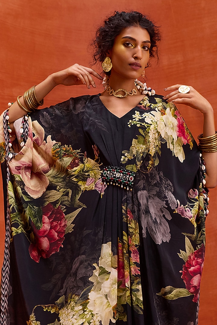 Black Viscose Crepe Floral Printed Melinda Kaftan by Kalista at Pernia's Pop Up Shop