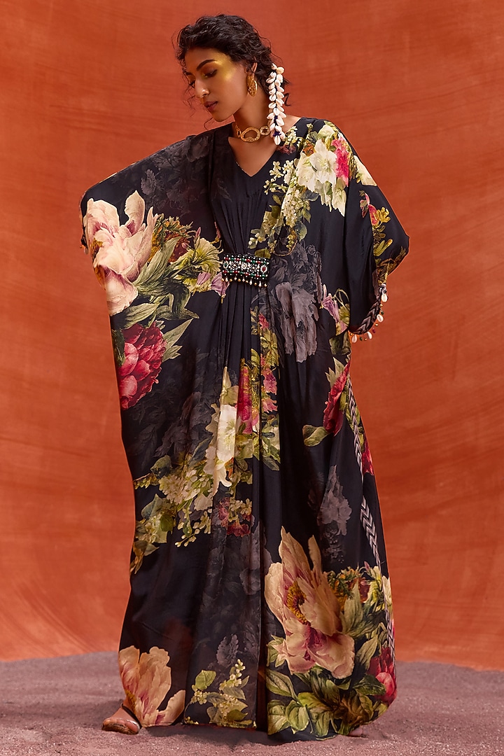 Black Viscose Crepe Floral Printed Melinda Kaftan by Kalista at Pernia's Pop Up Shop