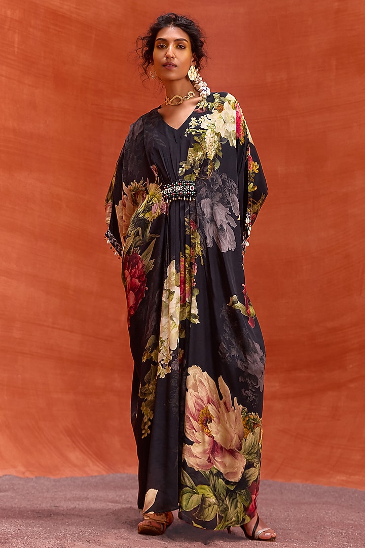 Black Viscose Crepe Floral Printed Melinda Kaftan by Kalista at Pernia's Pop Up Shop