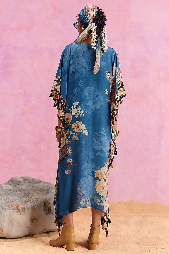 Blue Viscose Crepe Floral Printed Savana Kaftan by Kalista at Pernia's Pop Up Shop