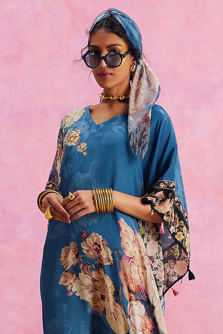 Blue Viscose Crepe Floral Printed Savana Kaftan by Kalista at Pernia's Pop Up Shop