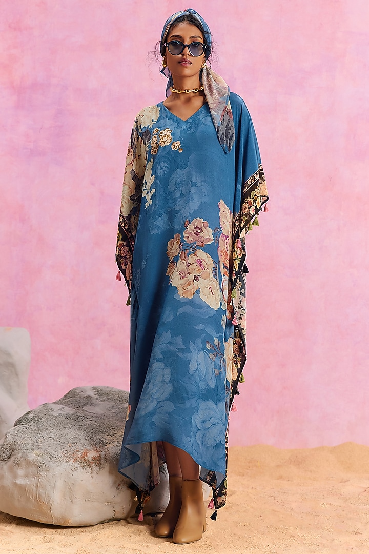 Blue Viscose Crepe Floral Printed Savana Kaftan by Kalista at Pernia's Pop Up Shop