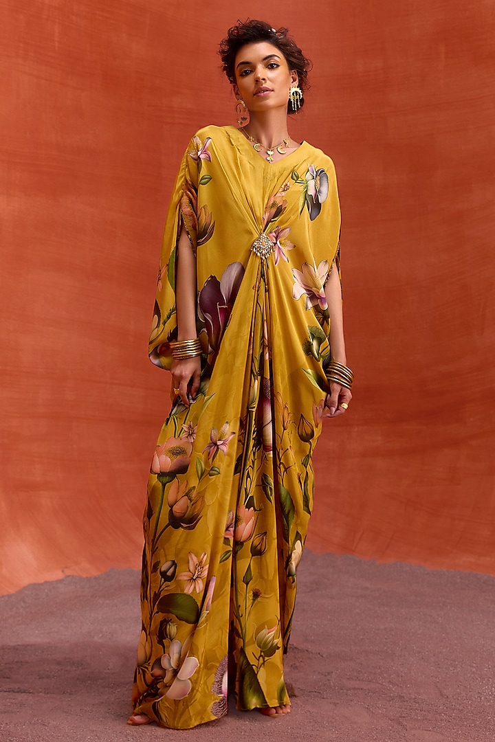 Mustard Viscose Crepe Floral Printed Maisha Kaftan by Kalista at Pernia's Pop Up Shop