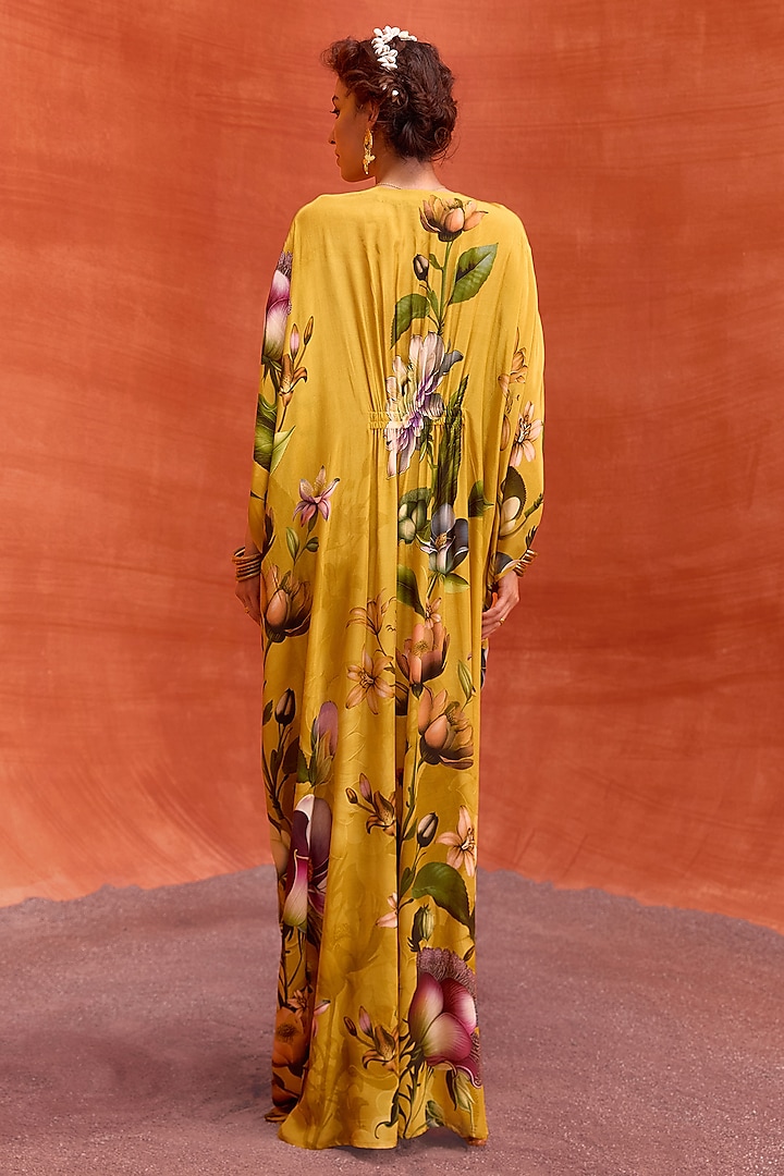 Mustard Viscose Crepe Floral Printed Maisha Kaftan by Kalista at Pernia's Pop Up Shop