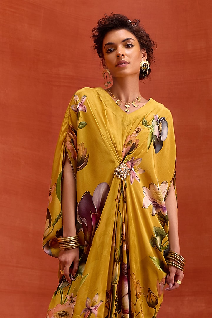 Mustard Viscose Crepe Floral Printed Maisha Kaftan by Kalista at Pernia's Pop Up Shop
