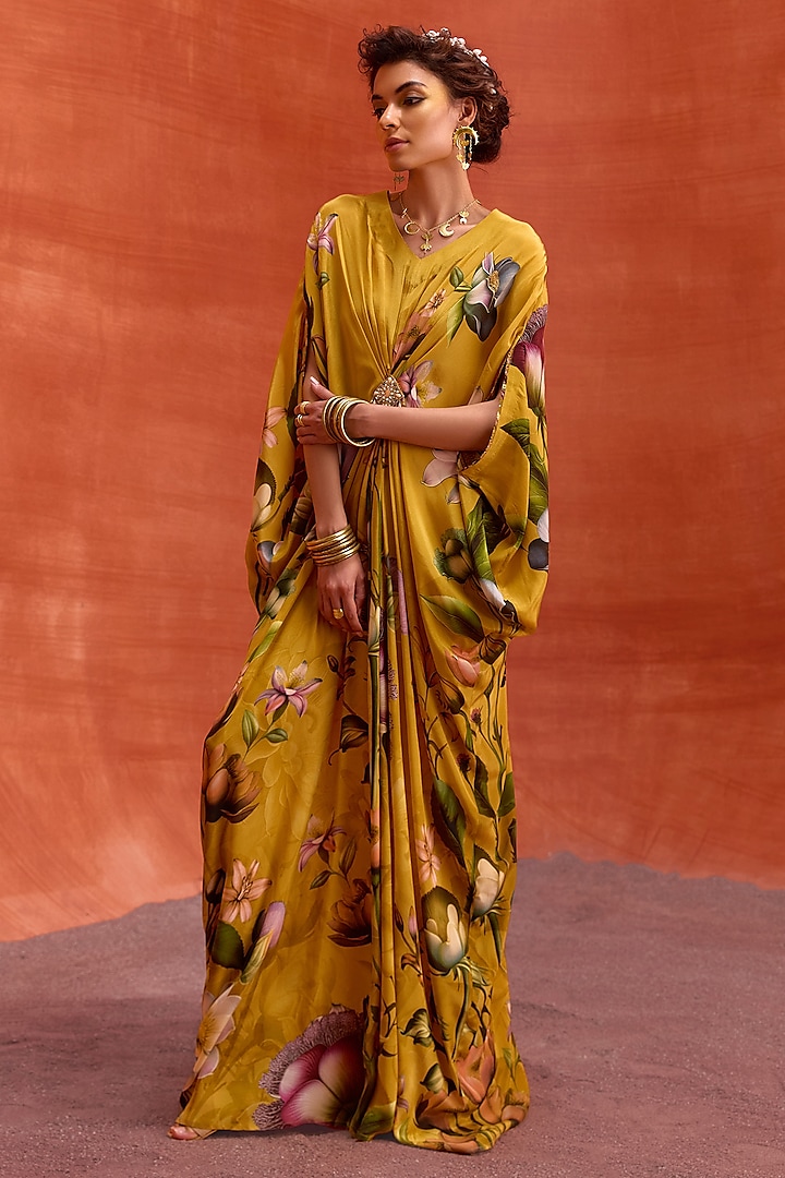 Mustard Viscose Crepe Floral Printed Maisha Kaftan by Kalista at Pernia's Pop Up Shop