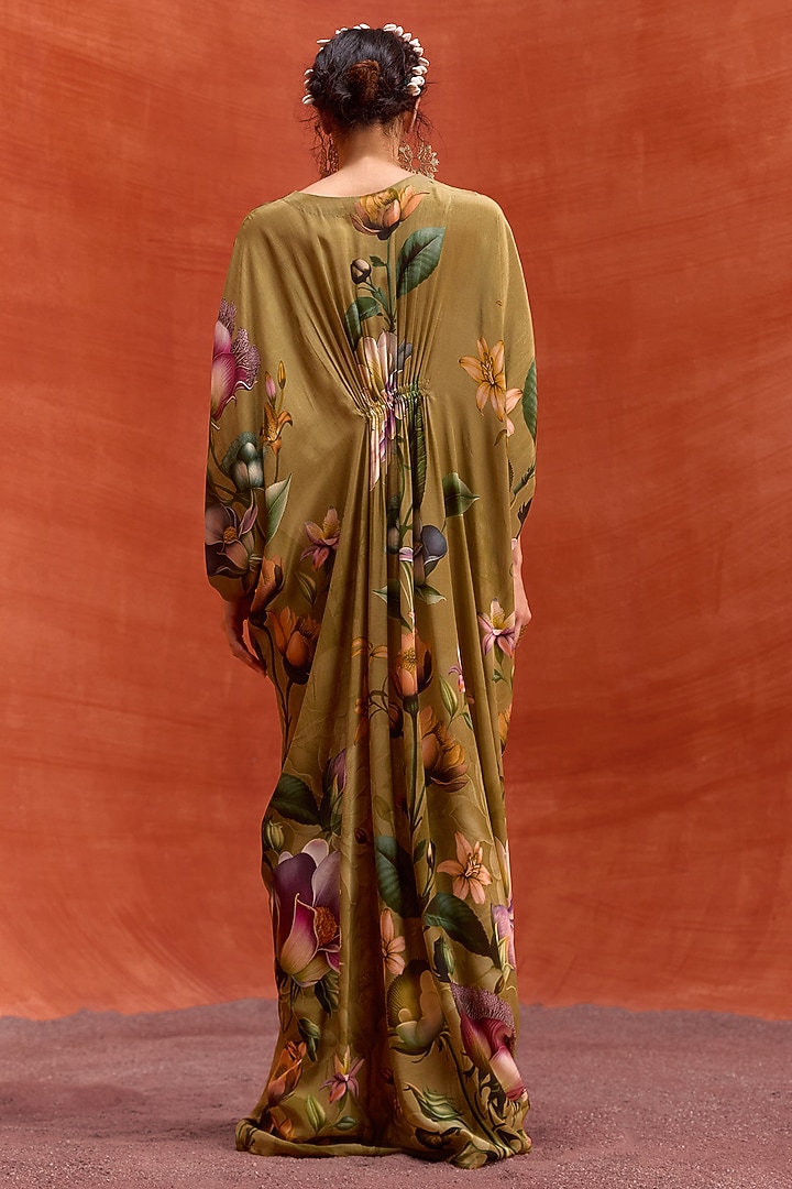 Khaki Viscose Crepe Floral Printed Maisha Kaftan by Kalista at Pernia's Pop Up Shop