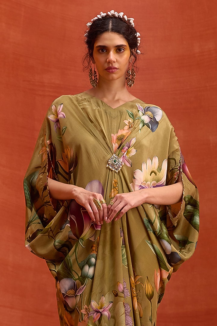 Khaki Viscose Crepe Floral Printed Maisha Kaftan by Kalista at Pernia's Pop Up Shop