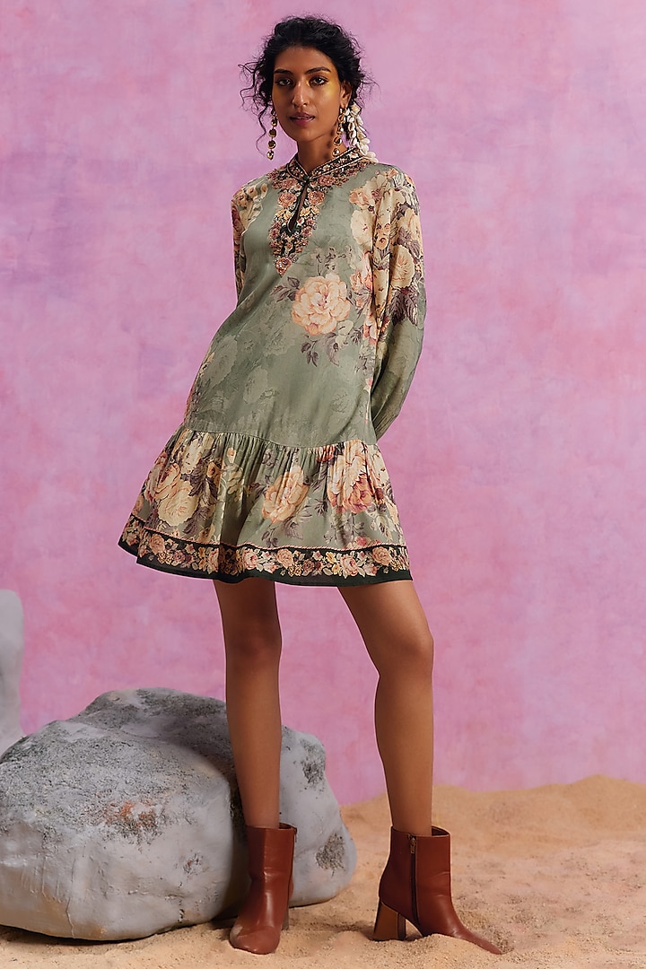 Khaki Viscose Modal Floral Printed Tiffiny Dress by Kalista