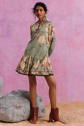 Khaki Viscose Modal Floral Printed Tiffiny Dress by Kalista