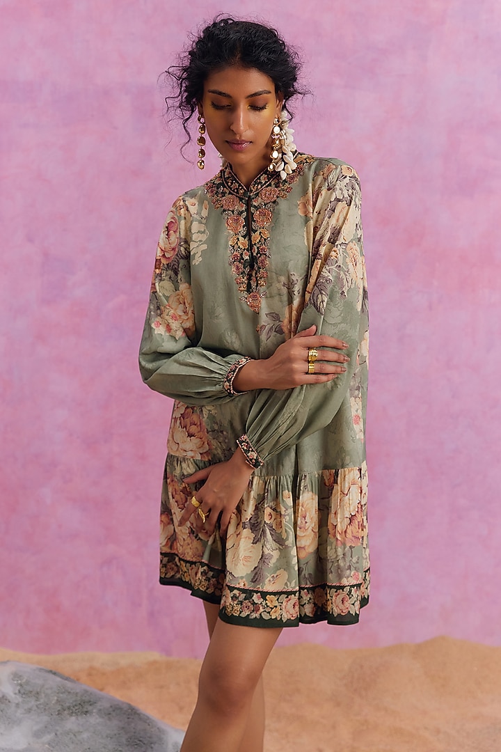 Khaki Viscose Modal Floral Printed Tiffiny Summer Dress by Kalista at Pernia's Pop Up Shop