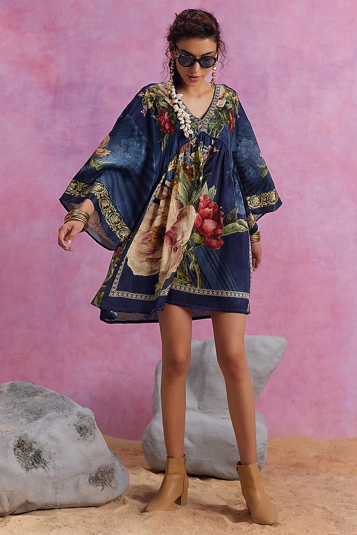 Midnight Blue Viscose Satin Floral Printed Simson Dress by Kalista at Pernia's Pop Up Shop