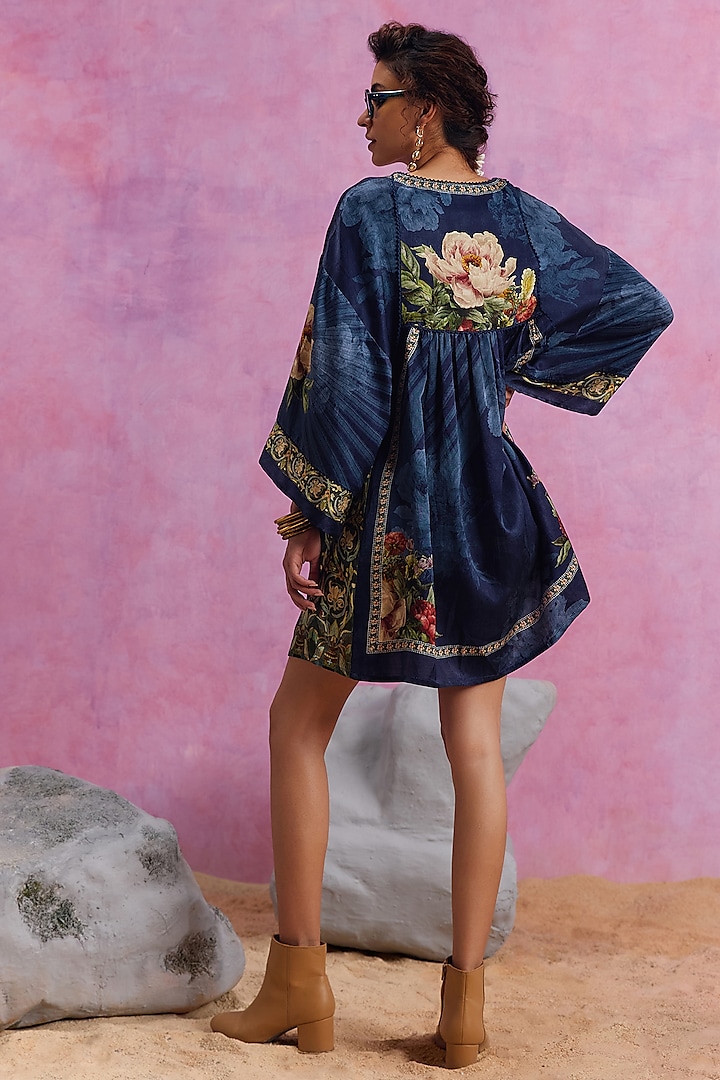 Midnight Blue Viscose Satin Floral Printed Simson Summer Dress by Kalista at Pernia's Pop Up Shop