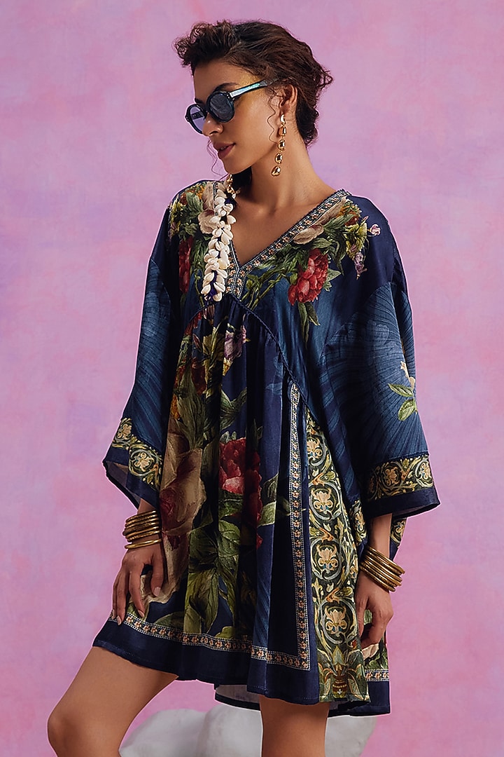 Midnight Blue Viscose Satin Floral Printed Simson Summer Dress by Kalista at Pernia's Pop Up Shop