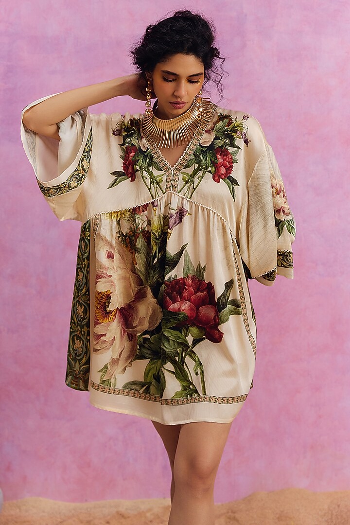 Ivory Viscose Satin Floral Printed Melinda Summer Dress by Kalista at Pernia's Pop Up Shop