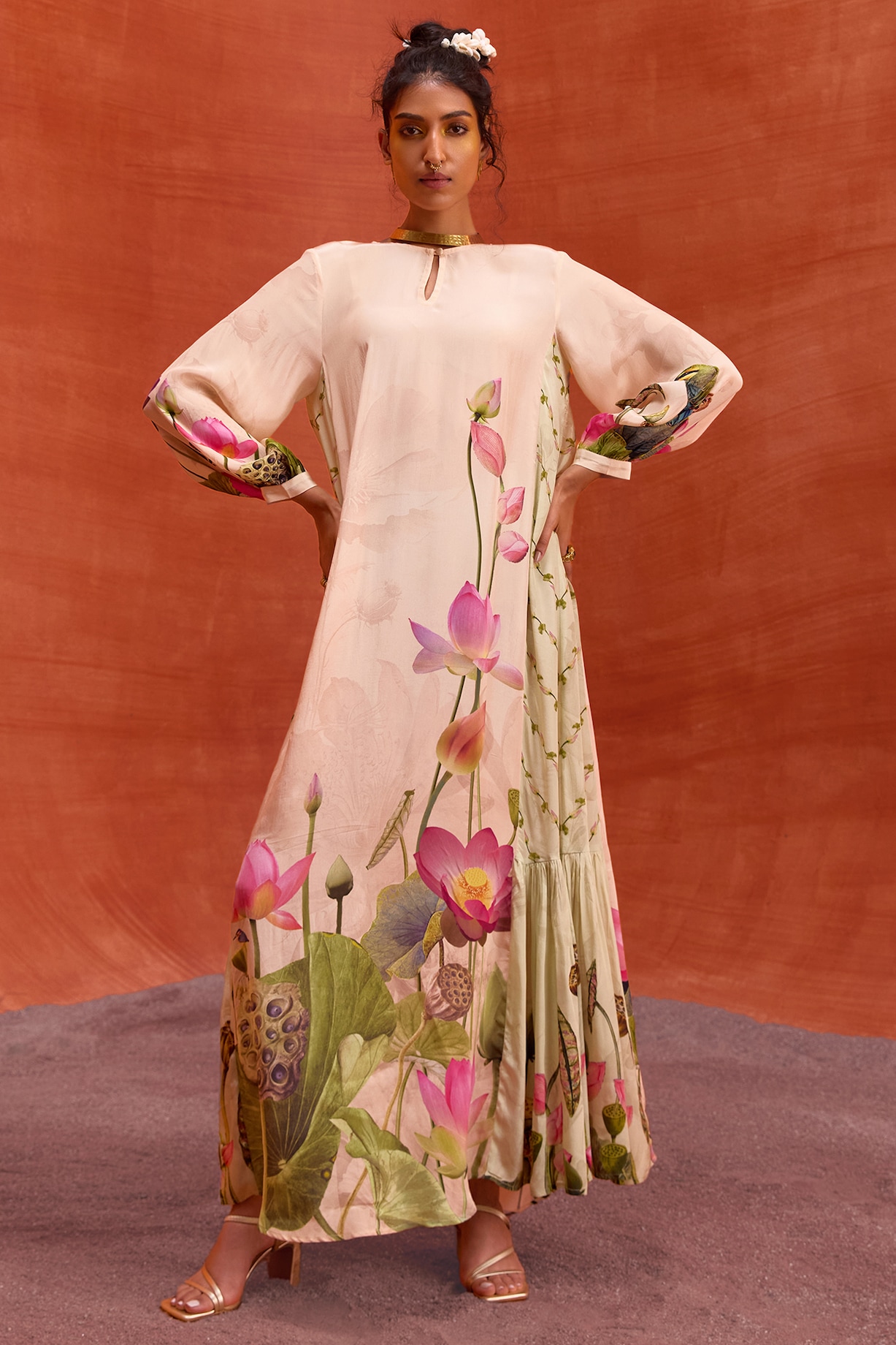 Ivory Viscose Crepe Lotus Bloom Printed Naira Jalabiya Dress by