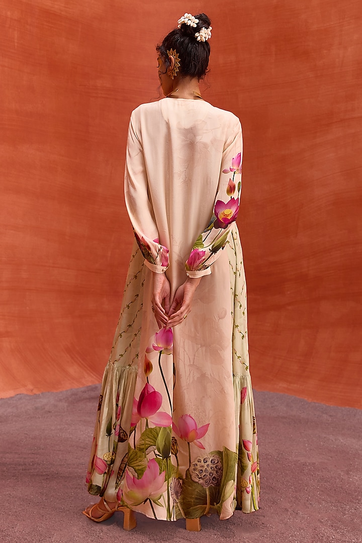 Ivory Viscose Crepe Lotus Bloom Printed Naira Jalabiya Summer Dress by Kalista at Pernia's Pop Up Shop
