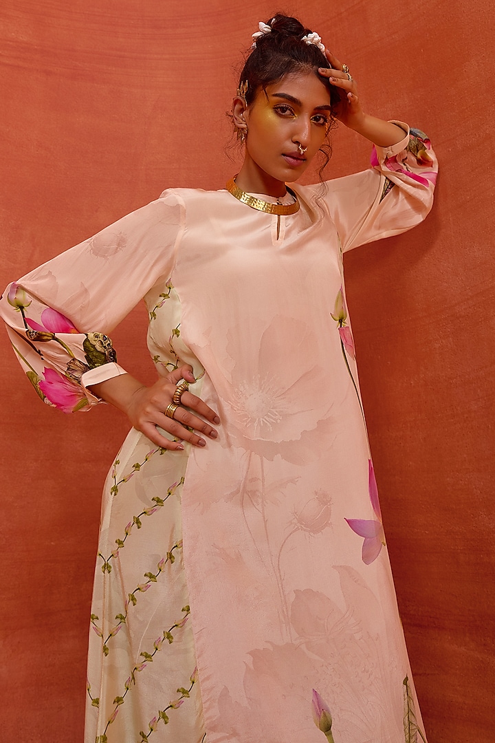 Ivory Viscose Crepe Lotus Bloom Printed Naira Jalabiya Summer Dress by Kalista at Pernia's Pop Up Shop