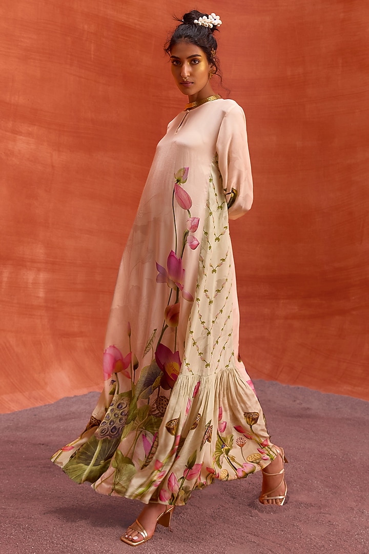 Ivory Viscose Crepe Lotus Bloom Printed Naira Jalabiya Summer Dress by Kalista at Pernia's Pop Up Shop