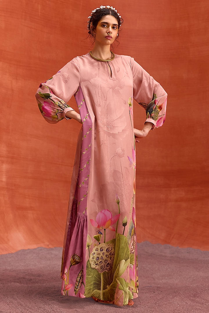 Dusty Pink Viscose Crepe Lotus Bloom Printed Naira Jalabiya Dress by Kalista