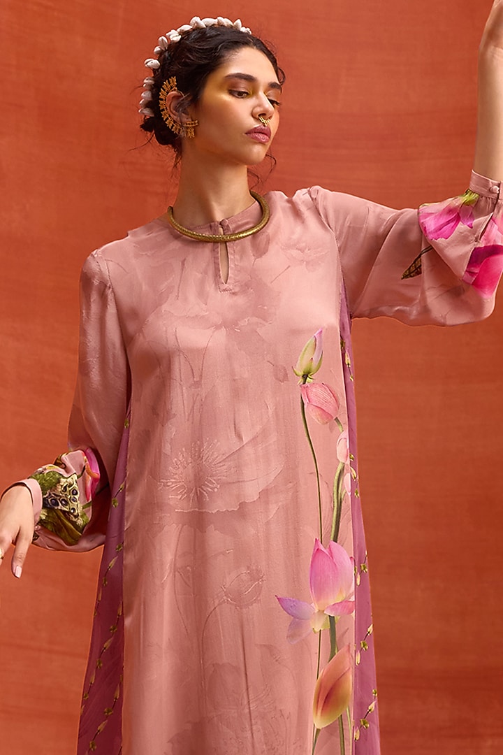 Dusty Pink Viscose Crepe Lotus Bloom Printed Naira Jalabiya Summer Dress by Kalista at Pernia's Pop Up Shop