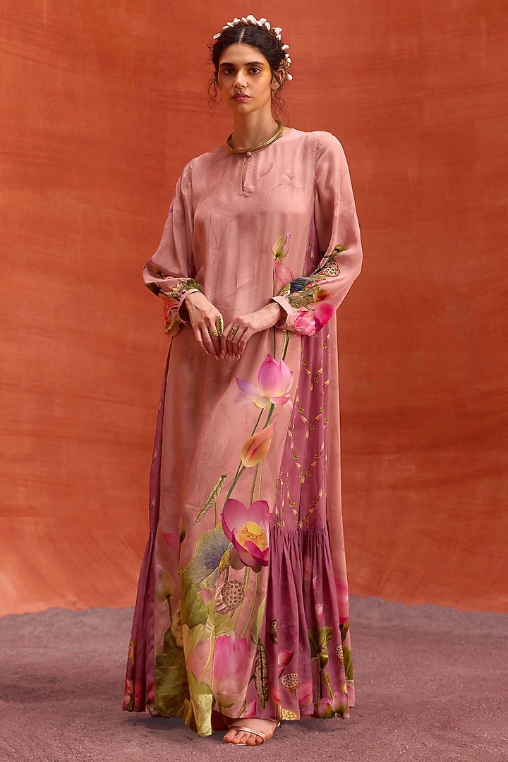 Dusty Pink Viscose Crepe Lotus Bloom Printed Naira Jalabiya Summer Dress by Kalista at Pernia's Pop Up Shop