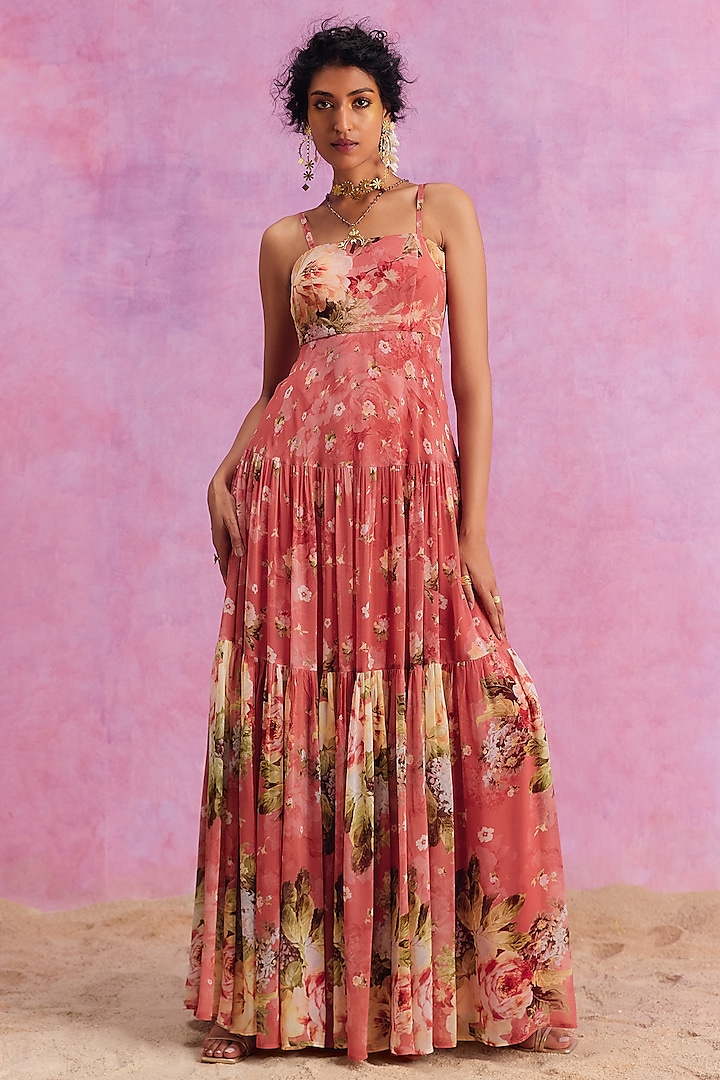 Carrot Pink Viscose Georgette Floral Printed Urika Maxi Dress by Kalista