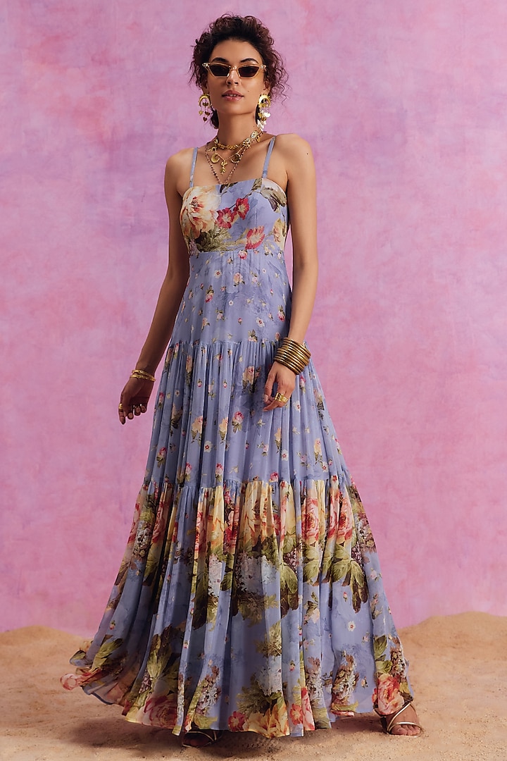 Periwinkle Viscose Georgette Floral Printed Urika Maxi Dress by Kalista