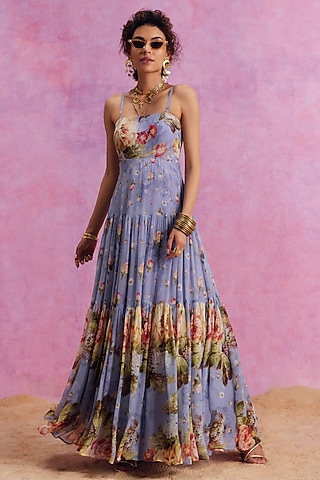 Periwinkle Viscose Georgette Floral Printed Urika Maxi Dress by Kalista