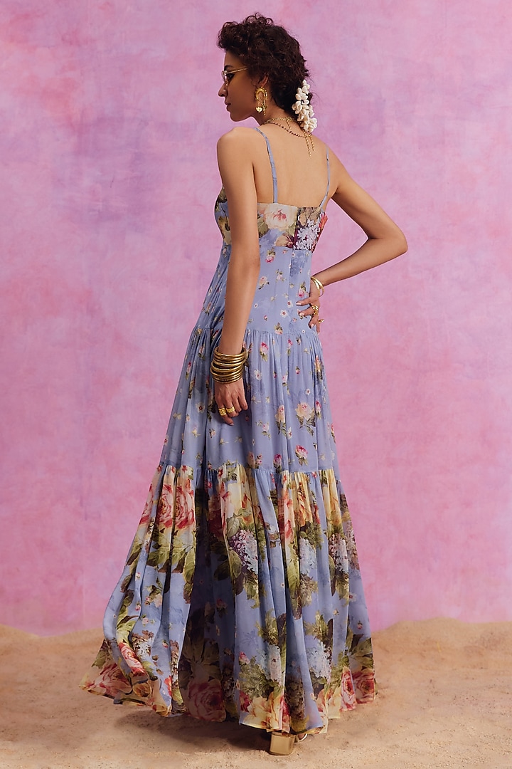 Periwinkle Viscose Georgette Floral Printed Urika Maxi Vacation Dress by Kalista at Pernia's Pop Up Shop