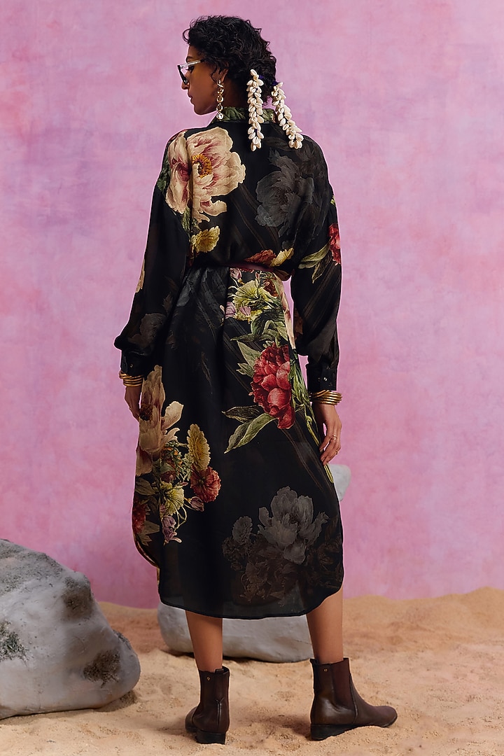 Black Viscose Satin Floral Printed Melinda Summer Shirt Dress by Kalista at Pernia's Pop Up Shop