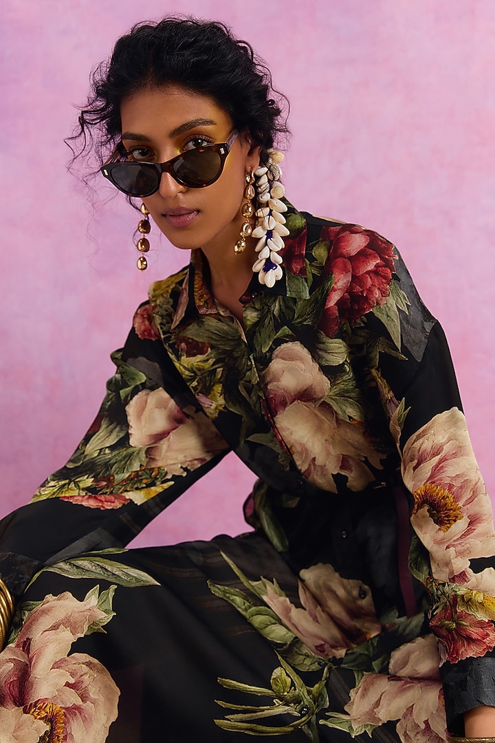 Black Viscose Satin Floral Printed Melinda Summer Shirt Dress by Kalista at Pernia's Pop Up Shop