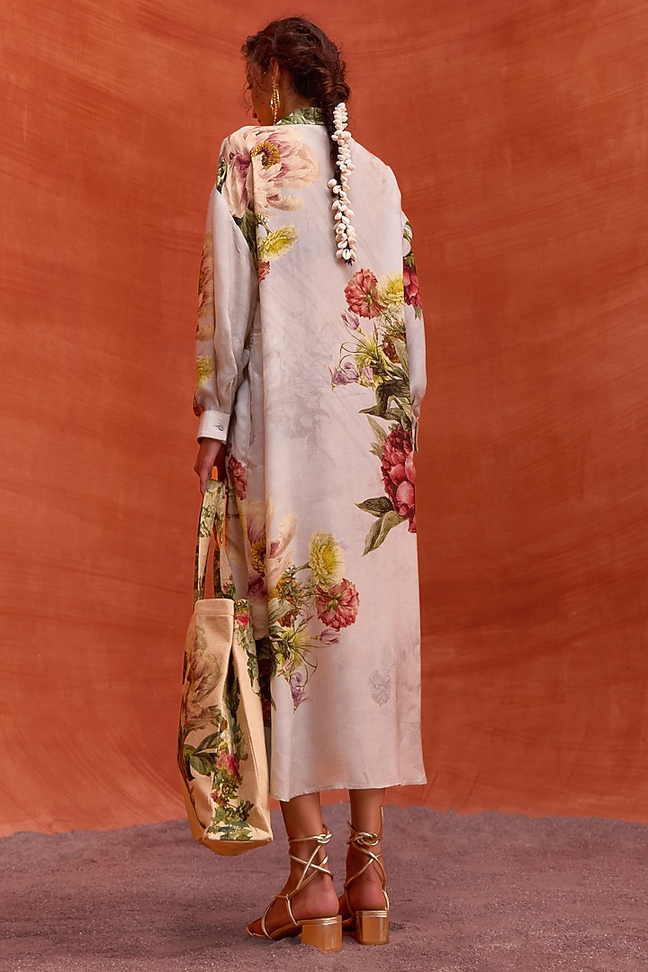 Grey Viscose Satin Floral Printed Melinda Summer Shirt Dress by Kalista at Pernia's Pop Up Shop