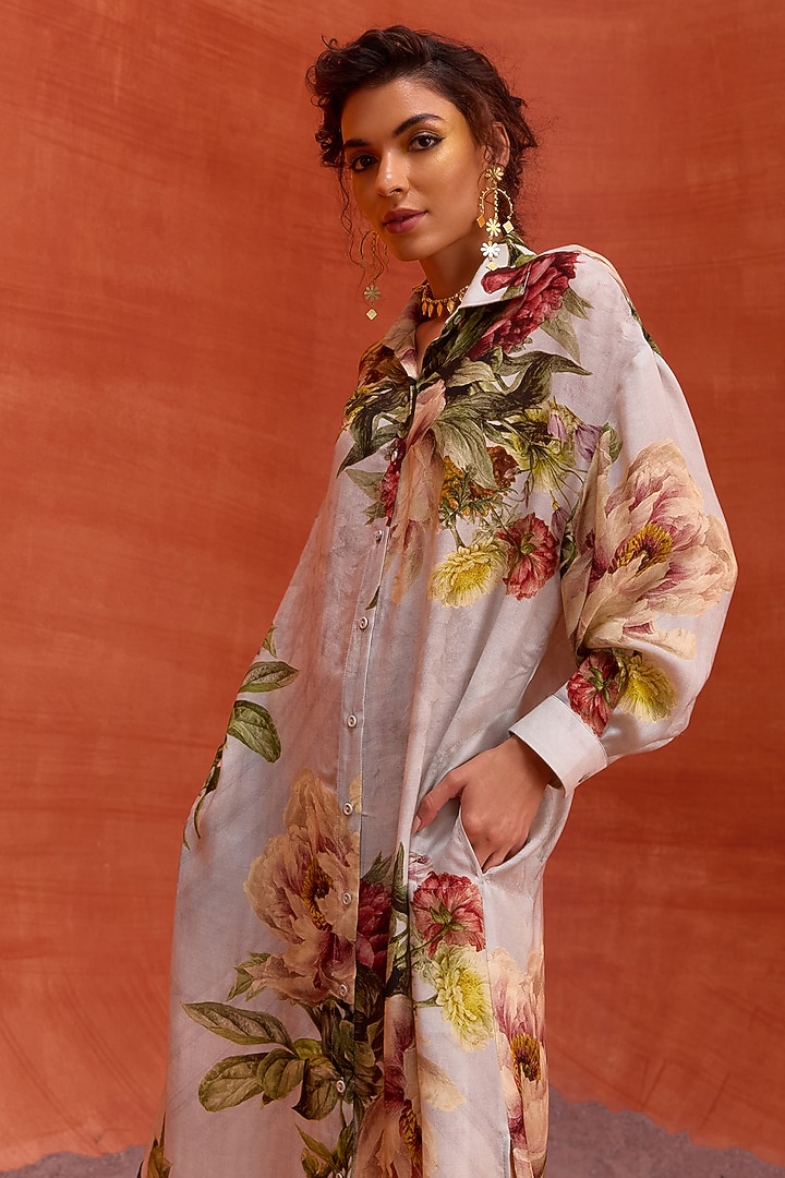 Grey Viscose Satin Floral Printed Melinda Summer Shirt Dress by Kalista at Pernia's Pop Up Shop