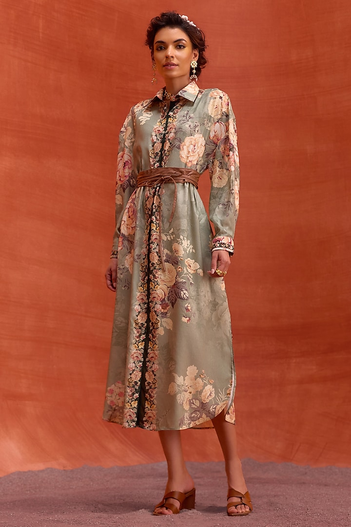 Khaki Viscose Modal Floral Printed Tiffiny Shirt Dress by Kalista