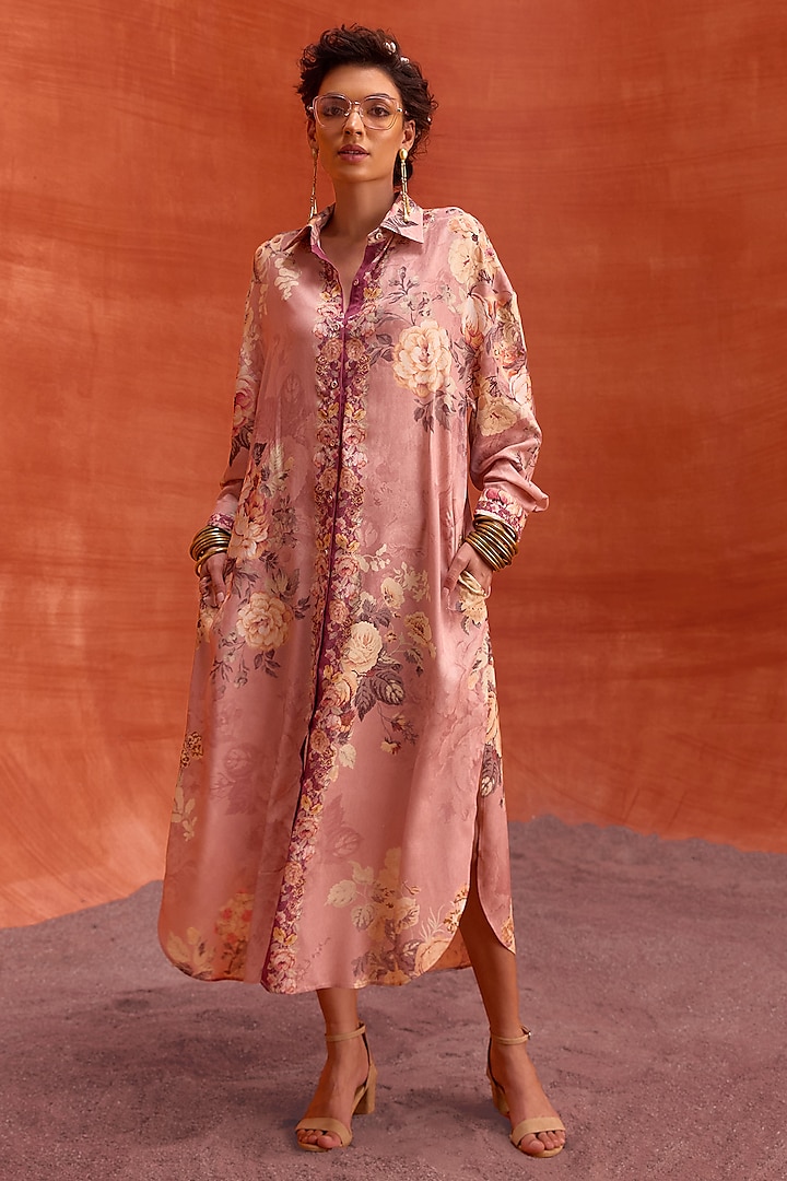 Blush Pink Viscose Modal Floral Printed Tiffiny Shirt Dress by Kalista at Pernia's Pop Up Shop