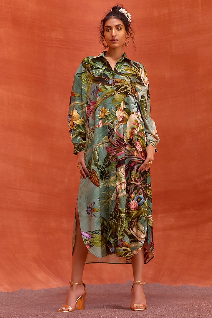 Green Viscose Satin Floral Printed Elara Shirt Dress by Kalista